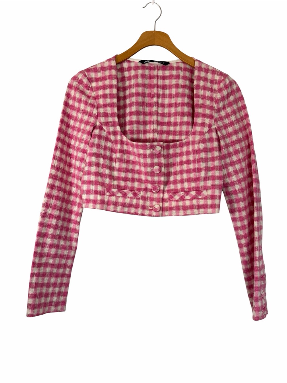 Zara pink and White Gingham Cropped Blazer Top Size S Old Money Academia Twee
